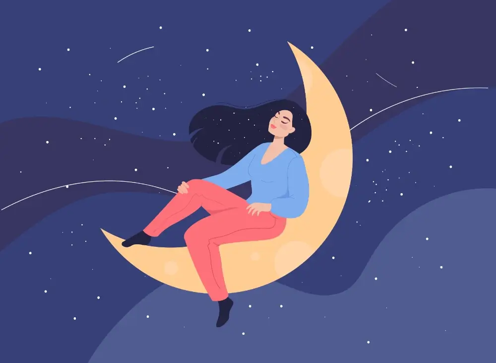Kobieta leżąca na księżycu po zastosowaniu kapsułki CBD na sen